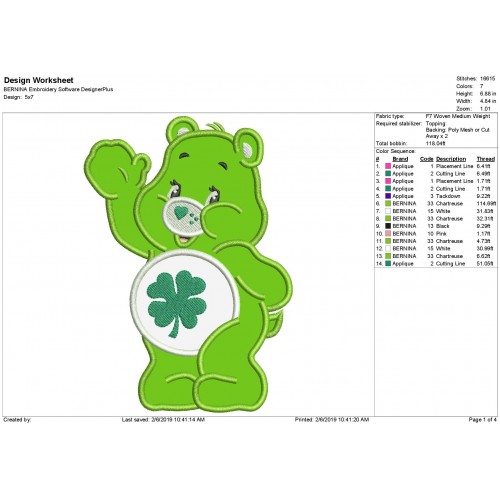 Good Luck Bear Care Bears Applique Design