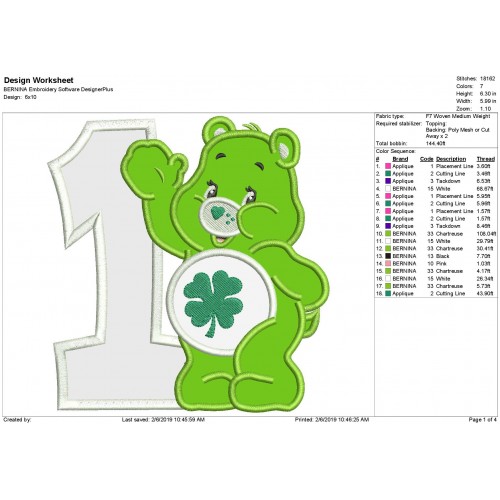 Good Luck Bear Care Bears Number 1 Applique Design