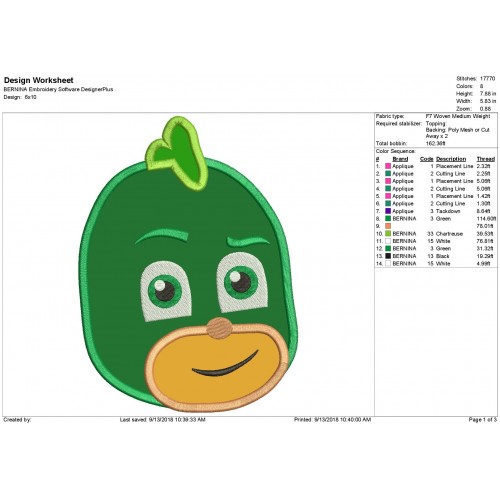 Green Pj Mask Machine Applique Design