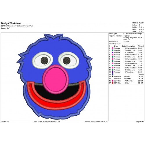Grover Sesame Street Applique Design