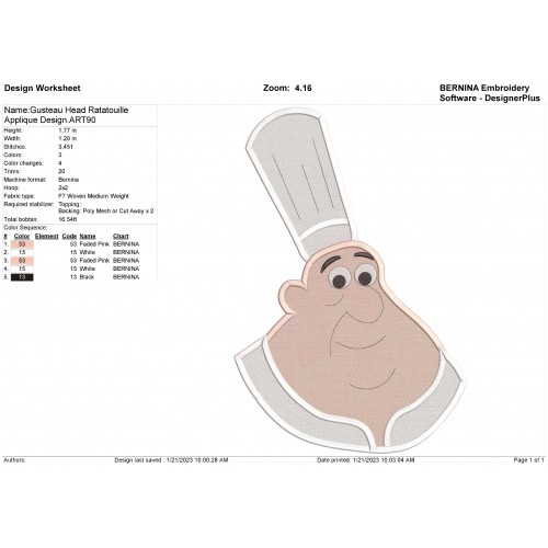 Gusteau Head Ratatouille Filled Embroidery Design