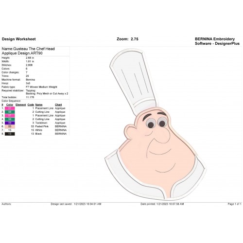 Gusteau The Chef Head Applique Design