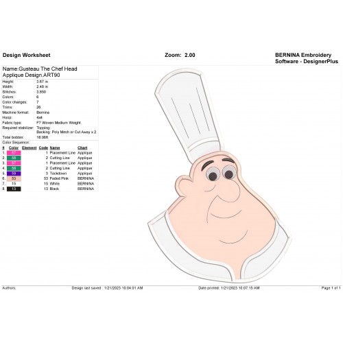 Gusteau The Chef Head Applique Design