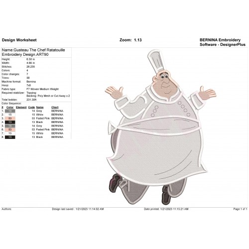 Gusteau The Chef Ratatouille Embroidery Design