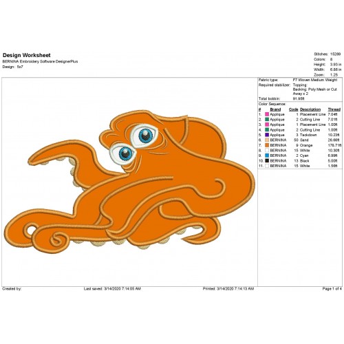 Hank the Octopus Finding Dory Applique Design