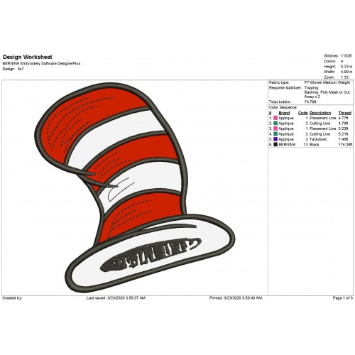 Hat Cat in the Hat Applique Design