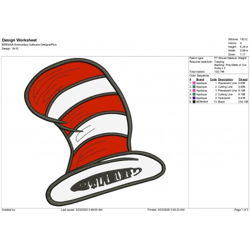 Hat Cat in the Hat Applique Design