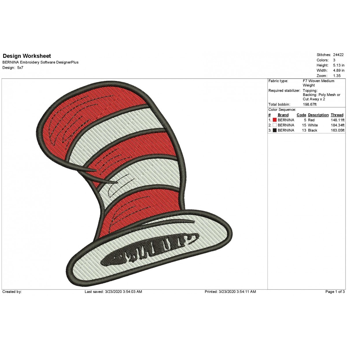 Hat Cat in the Hat Filled Embroidery Design