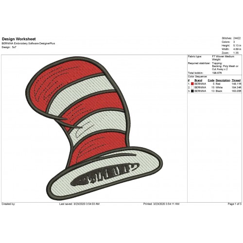 Hat Cat in the Hat Filled Embroidery Design