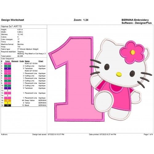 Hello Kitty Birthday Number 1 Applique Design