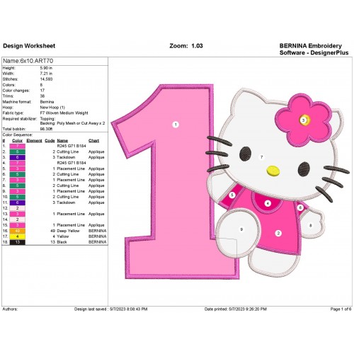 Hello Kitty Birthday Number 1 Applique Design