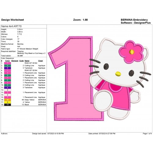 Hello Kitty Birthday Number 1 Applique Design