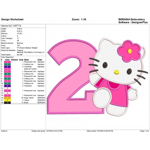 Hello Kitty Birthday Number 2 Applique Design
