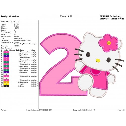 Hello Kitty Birthday Number 2 Applique Design