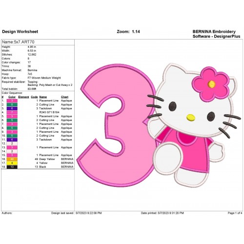 Hello Kitty Birthday Number 3 Applique Design