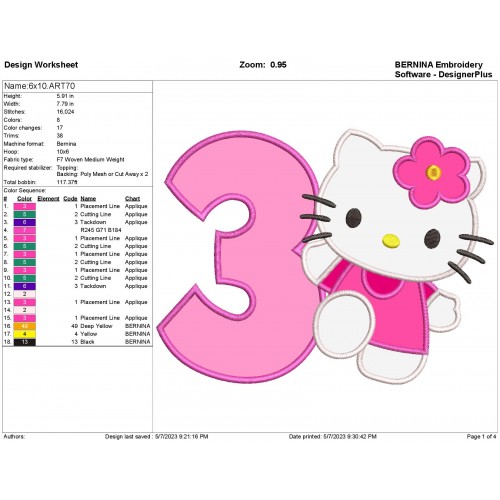 Hello Kitty Birthday Number 3 Applique Design