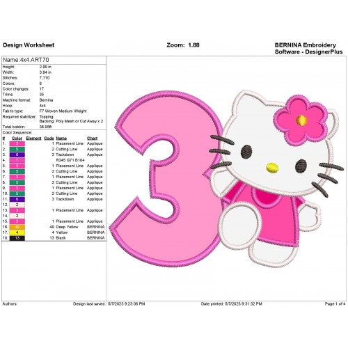 Hello Kitty Birthday Number 3 Applique Design