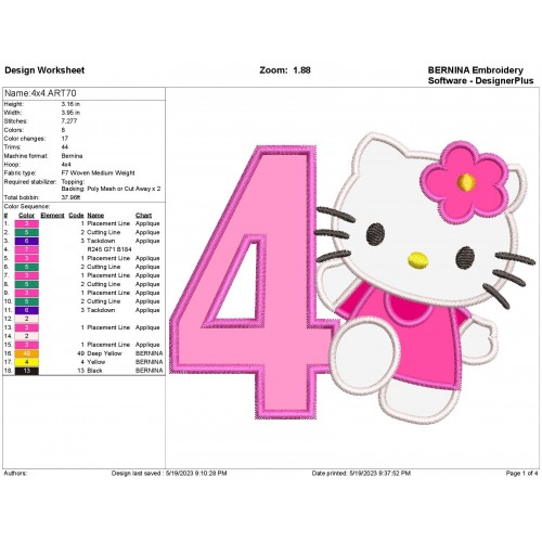 Hello Kitty Birthday Number 4 Applique Design