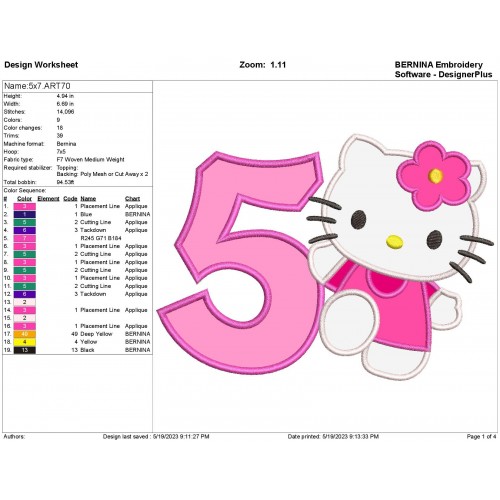 Hello Kitty Birthday Number 5 Applique Design
