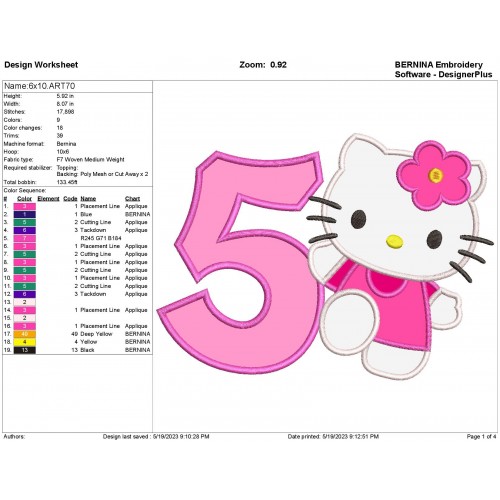 Hello Kitty Birthday Number 5 Applique Design