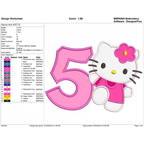 Hello Kitty Birthday Number 5 Applique Design