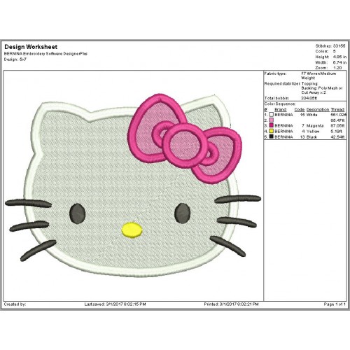 Hello Kitty Embroidery Design Filled Stitch