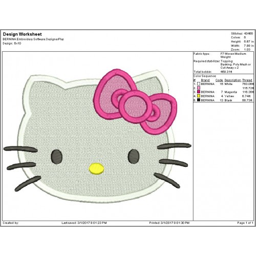 Hello Kitty Embroidery Design Filled Stitch