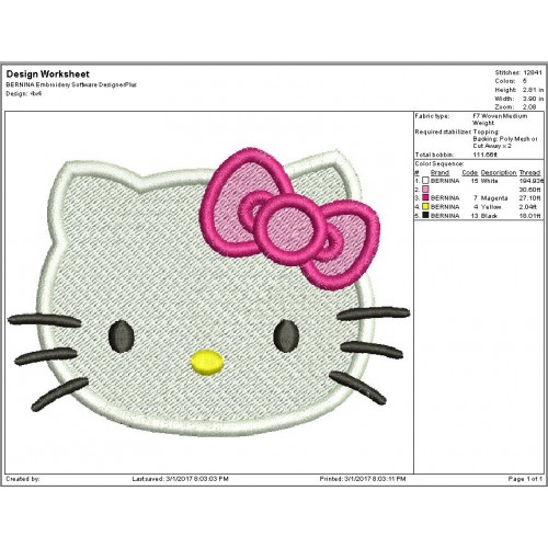 Hello Kitty Embroidery Design Filled Stitch