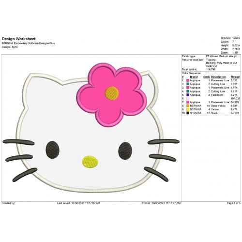 Hello Kitty Head Machine Applique Design