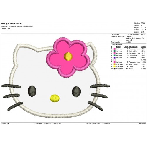 Hello Kitty Head Machine Applique Design
