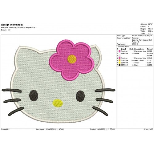 Hello Kitty Head Machine Embroidery Design
