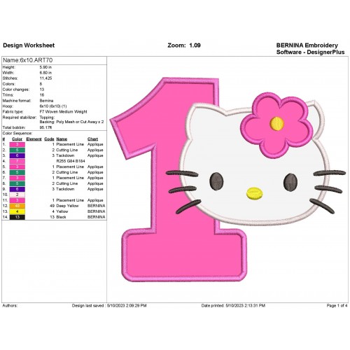 Hello Kitty Head Number 1 Applique Design