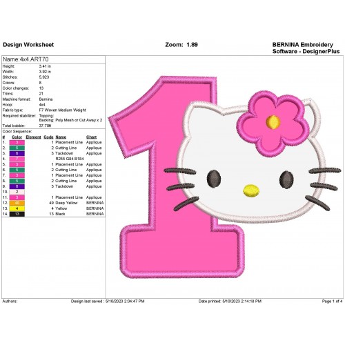 Hello Kitty Head Number 1 Applique Design