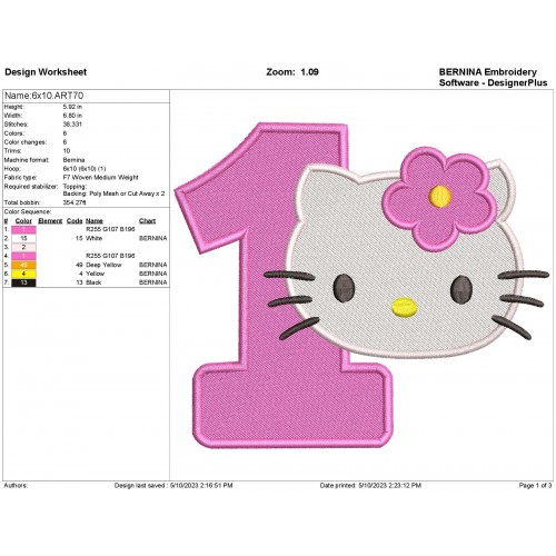 Hello Kitty Head Number 1 Embroidery Design Filling