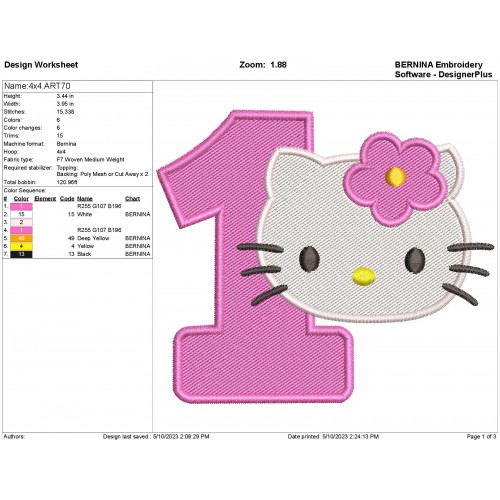 Hello Kitty Head Number 1 Embroidery Design Filling