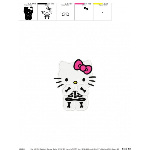 Hello Kitty Skeleton Halloween Embroidery Design Embr