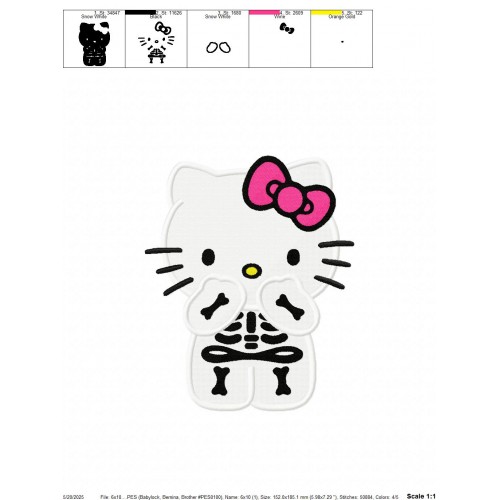 Hello Kitty Skeleton Halloween Embroidery Design Embr
