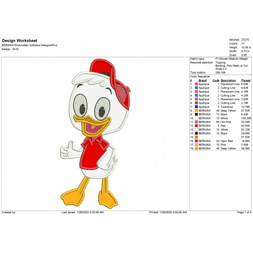 Huey Duck Ducktales Applique Design