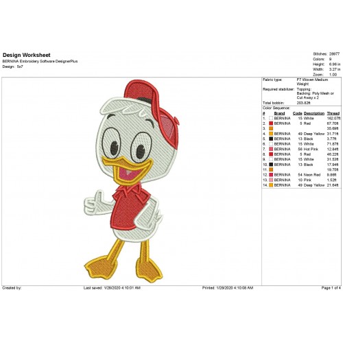 Huey Duck Ducktales Filled Stitch Embroidery Design