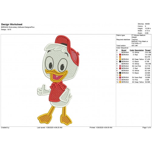 Huey Duck Ducktales Filled Stitch Embroidery Design