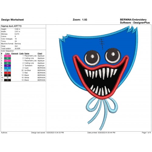 Huggy Wuggy Head Applique Design