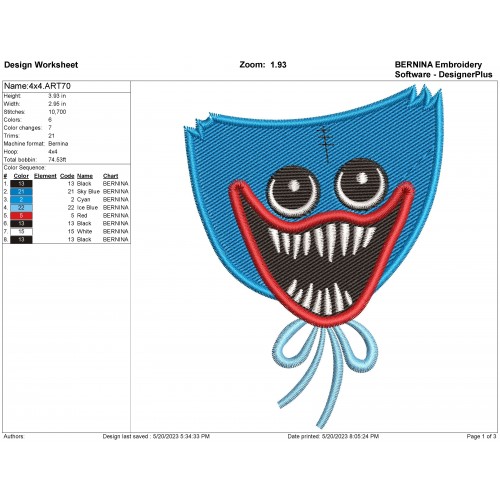 Huggy Wuggy Head Embroidery Design