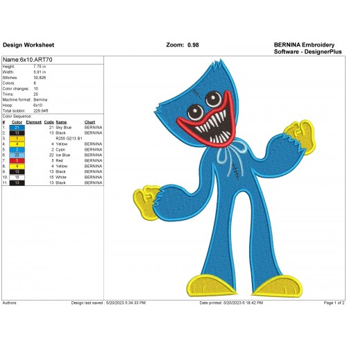 Huggy Wuggy Poppy Playtime Embroidery Design
