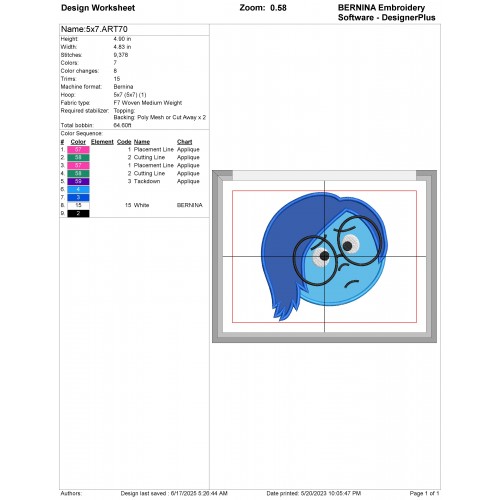 Inside Out Sadness Applique Design Embr