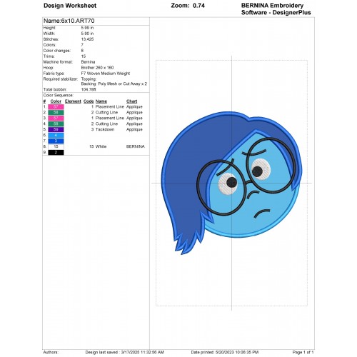 Inside Out Sadness Applique Design Embr