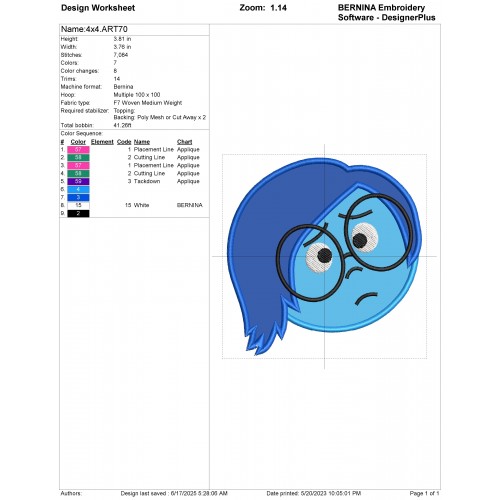 Inside Out Sadness Applique Design Embr