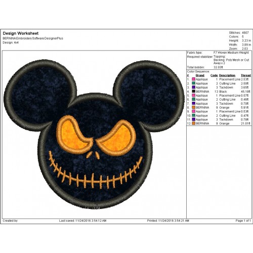 Jack Skellington Nightmare Before Christmas Halloween Mickey Head Applique Design