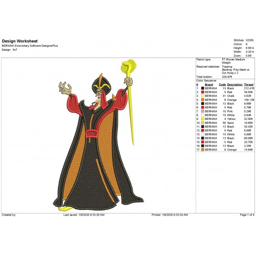 Jafar Viallian Disney Viallians Fill Stitch Embroidery Design