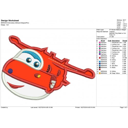 Jett from Super Wings Applique Design