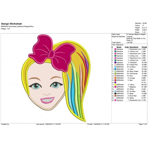 Jojo Siwa Girl Applique and Fill Stitch Designs